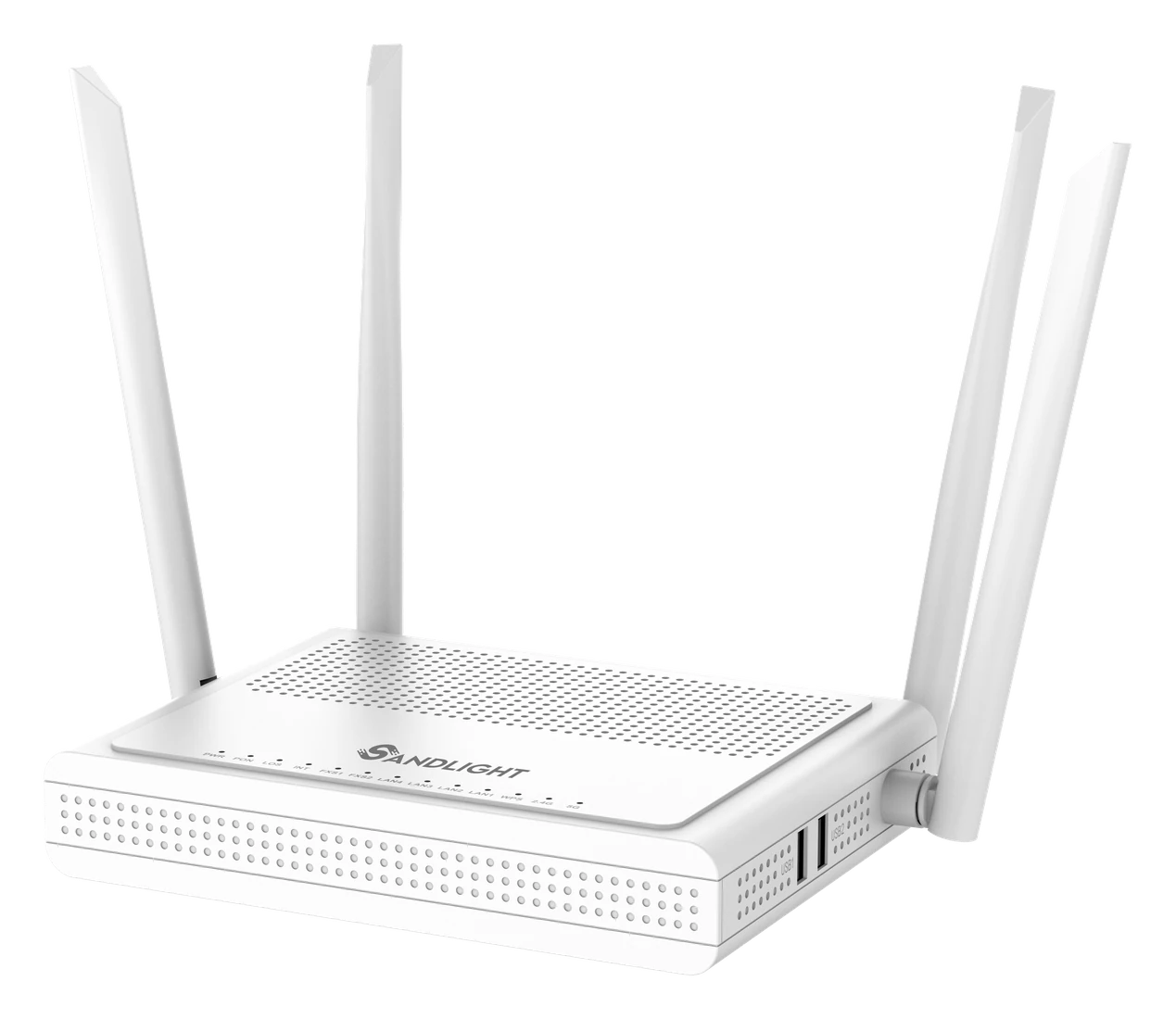 نمای سه‌رخ بدنه و آنتن‌ها مودم فیبر نوری SandLight SA8457V