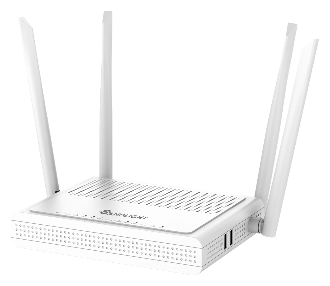 نمای سه‌رخ بدنه و آنتن‌ها مودم فیبر نوری SandLight SA8476V